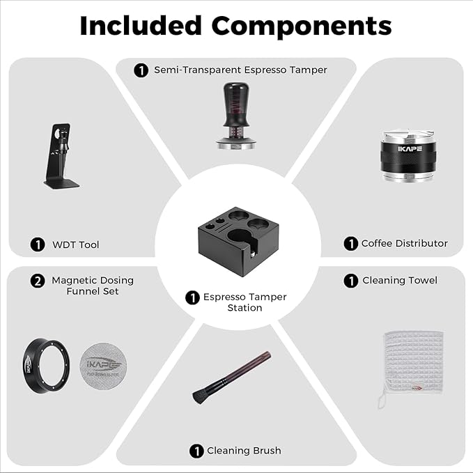 IKAPE 58mm Black Espresso Tool Set 8 IN 1, Coffee Tamper, Distributor, Magnetic Funnel, Puck Screen, Tamper Station, Stirrer Distribution Tool, Cleaning Towel and Brush