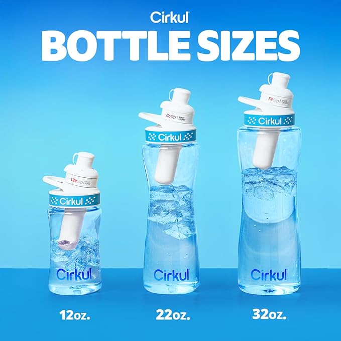Cirkul 22oz. BPA-Free Plastic Water Bottle Starter Kit with Blue Lid, 2 Flavor Cartridges (1 LifeSip Fruit Punch, 1 FitSip Mixed Berry) No Sugar, Zero Calorie Drink Mix