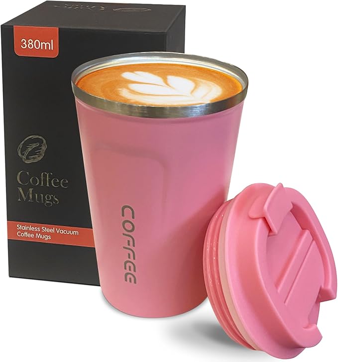 YINBAOGE Insulated Travel Coffee Mug Spill Proof Leak Proof Pobtable To Go Camping Stainless Steel Coffee Tumbler Reusable Coffee Cups with Lids Thermos for Hot and Cold Drink (2nd-Pink, 12 OZ)