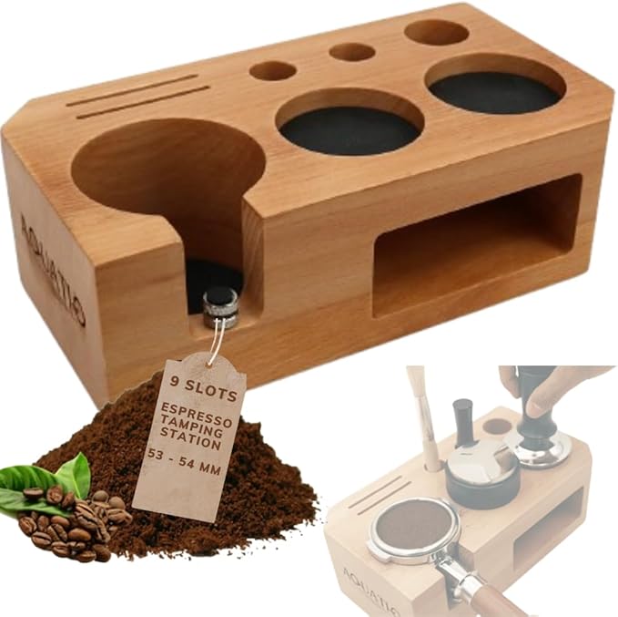 Espresso Tamping Station - Wooden Coffee Tamper Station For Storage 51, 53, 54 mm Portafilter Tamper Distributor - Espresso Organizer - Knock Box Accessories