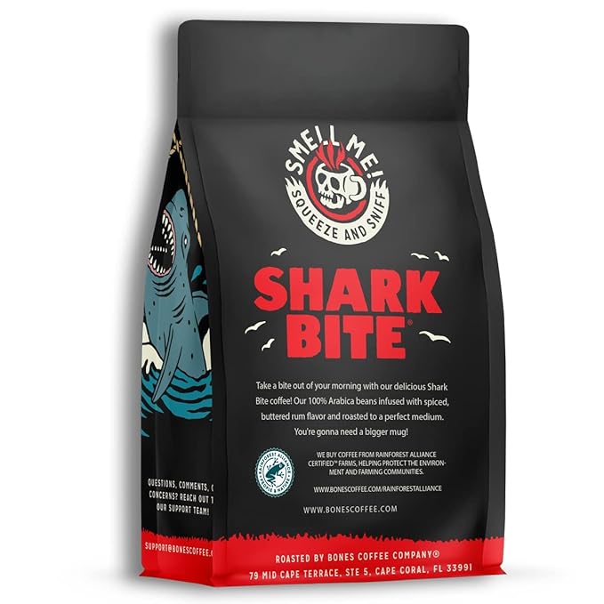 Bones Coffee Company Shark Bite, Buttered Rum Flavored Coffee, Medium Roast Low Acid Arabica Beans Compatible with Auto drip and French Press Coffee Maker, 12 Oz Ground
