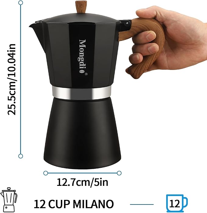 Mongdio Stovetop Espresso Maker Moka Pot, Cuban Coffee Maker Stove top coffee maker Moka Italian Espresso Greca Coffee Maker Brewer Percolator, 12 Espresso Cups, 20 oz - Black