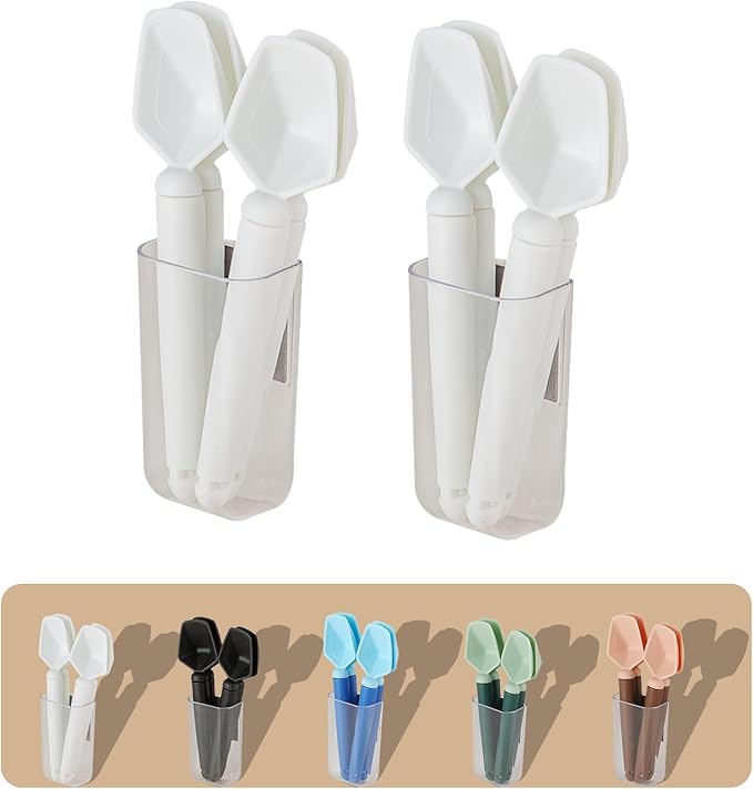 2 SET of 8 PCS Multi-functional sealing clip with measuring spoon Magnetic Coffee Measuring Spoon Sealing Clips with Wall Container Mount, PP materia, Deep Bowl Design (White)