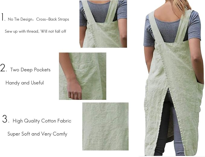 Women's Pinafore Square Apron Baking Cooking Gardening Works Cross Back Cotton/Linen Blend Dress with 2 Pockets