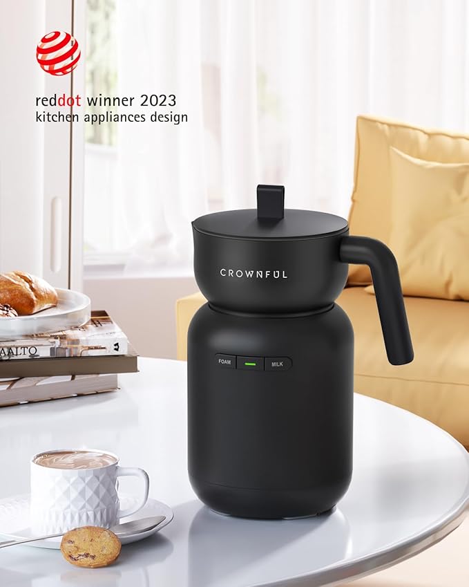 CROWNFUL Milk Frother, Electric 5-in-1 Milk Frother and Steamer with Temperature Control, Dishwasher Safe, Auto Shut-Off Frother for Coffee, Latte, Cappuccino, Macchiato, Dark Gray