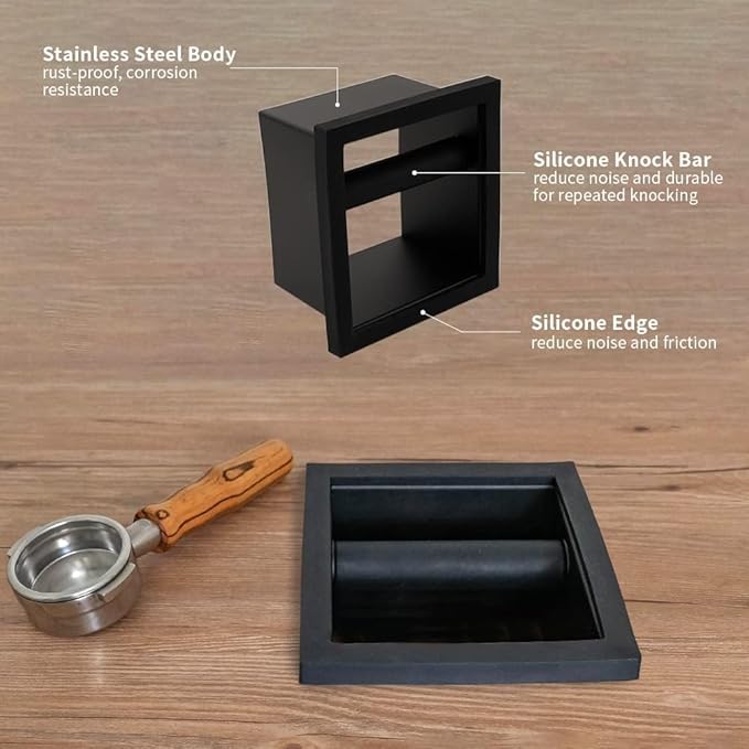 watchget Espresso Knock Box - Built-in Stainless Steel and Silicone Coffee Knock Box Chute, Detachable Rubber Rod, Square Bottomless Waste Bin for Coffee Grounds