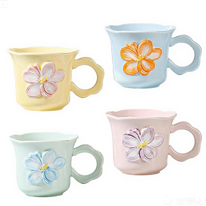 Cute Floral Coffee Mug Set of 4-12oz Ceramic Flower Embossed Cups with Petal Handles, Dishwasher and Microwave Safe