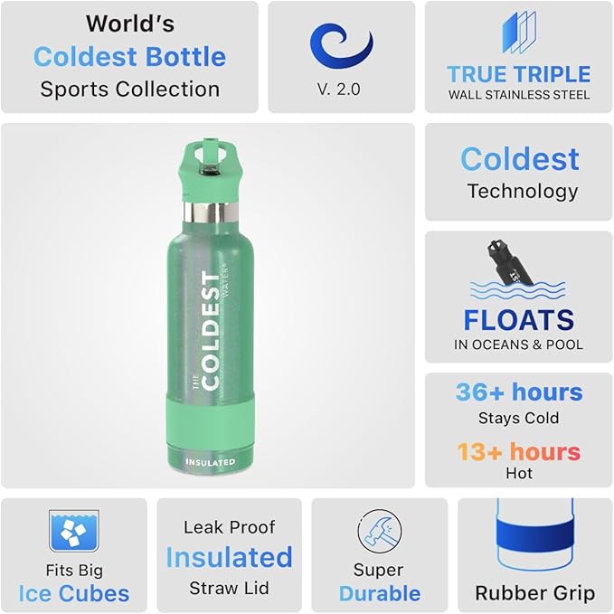 Coldest Insulated Water Bottle with Straw Lid - Stainless Steel Metal Insulated Bottle for Men & Women (Green Aurora Glitter, 21 oz)