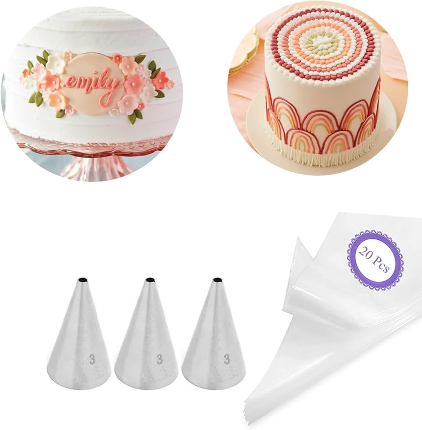 #3 Icing Tip and Bag Set – 3 Round Decorating Tips & 20 Disposable 8-Inch Piping Bags for Outlines, Dots, Writing & Detail Work
