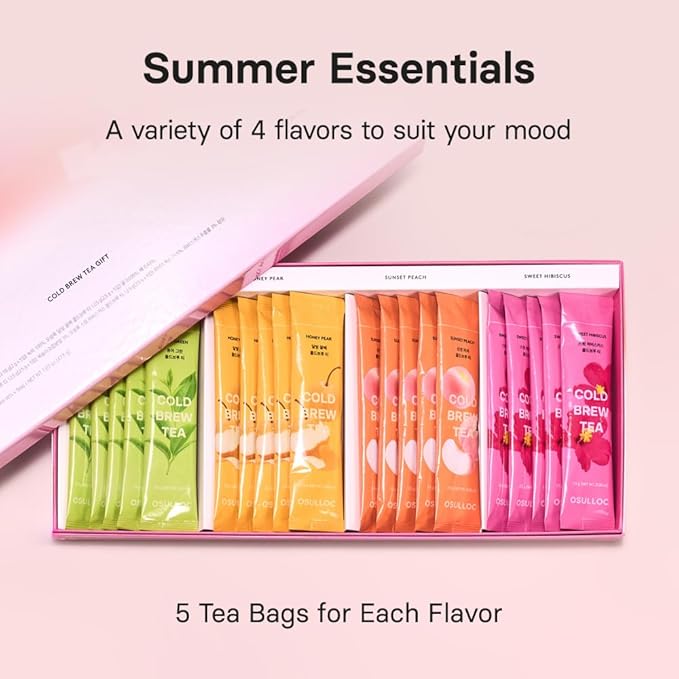 OSULLOC Cold Brew Tea Gift (20 count, 4 flavors x 5 EA) | Assorted Korea Iced Tea Bag Gift Sampler Set for Summer | Easy-to-go stick type Tea Bag Series | Premium Blended Tea from Jeju
