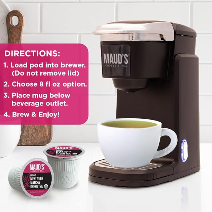 Maud's Organic Matcha Green Tea Pods, 48 ct, Recyclable Single Serve Tea Pods – 100% Gourmet Blended Tea Leaves, Compatible with Keurig K Cups Maker