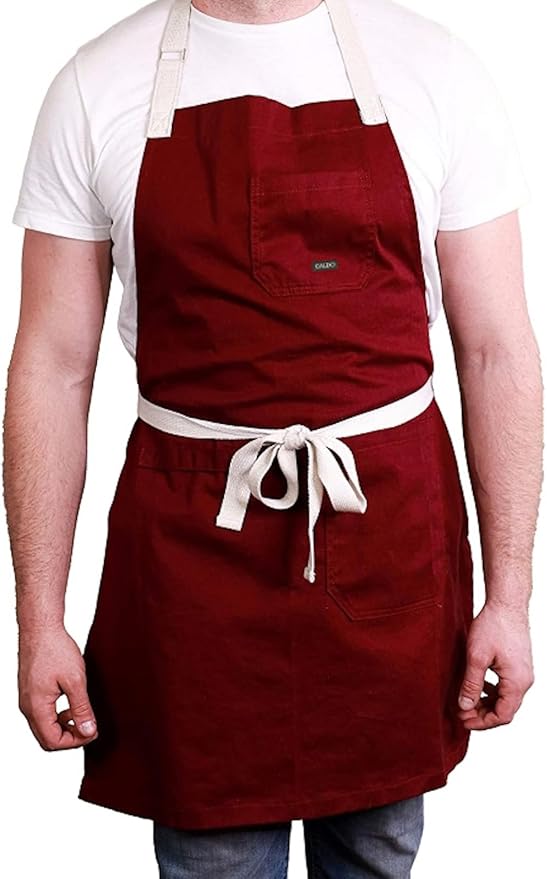 Caldo Daily Cotton Kitchen Apron for Cooking- Mens and Womens Chef Apron (Burgundy)