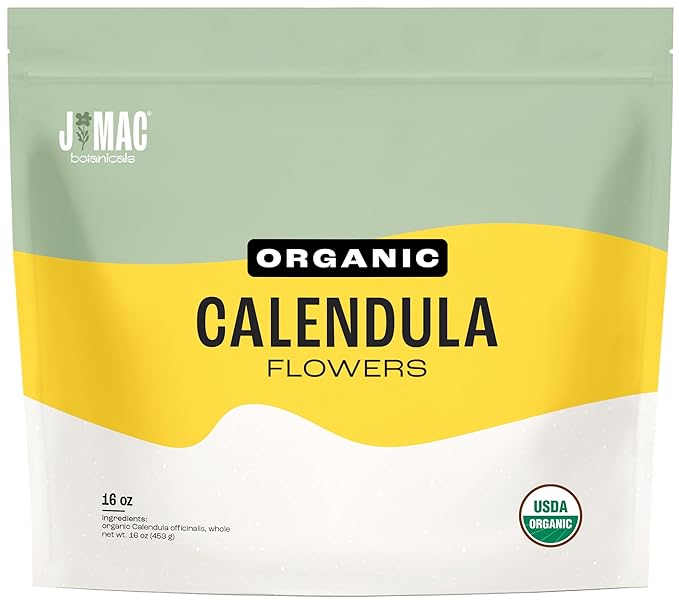 J Mac Botanicals, Organic Calendula Flower (16 ounce), whole dried flowers and petals, loose leaf tea, marigold flower, USDA Certified Organic. Great for loose leaf teas, cocktail bombs, salve