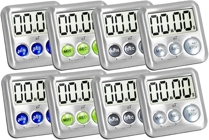 Elegant Digital Kitchen Timer Stainless Steel - Variety 8 Pack - Strong Magnet - Loud Alarm - Large Display - Auto Memory - Auto Shut-Off - (2 Each Silver, Lime, Plumberry, Charcoal 8-Pack)