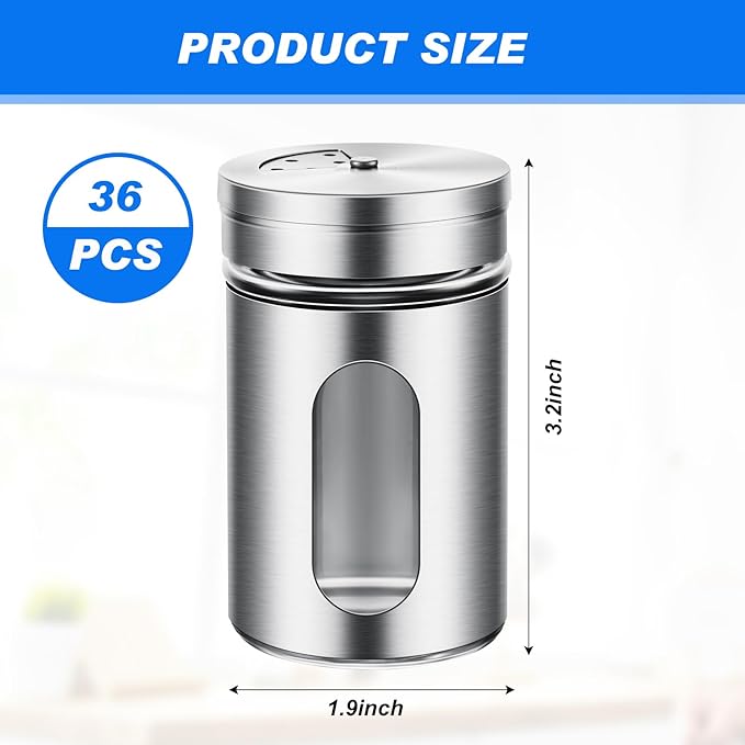 Dandat 36 Pcs Salt and Pepper Shakers Stainless Steel Spice Shakers with Adjustable Pour Holes and Glass Window 3.4oz Salt Dispenser Spice Jars with Rotating Lids for Sugar Seasoning Home