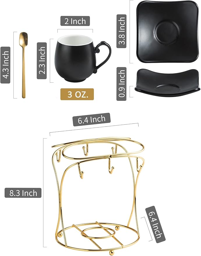 LYEOBOH Espresso Cups with Saucers Set, 3 Ounces Porcelain Coffee Cups with Metal Stand and Spoons, Cappuccino Cups Cute Demitasse Cups for Coffee Drinks, Latte, Tea Set of 6, Black