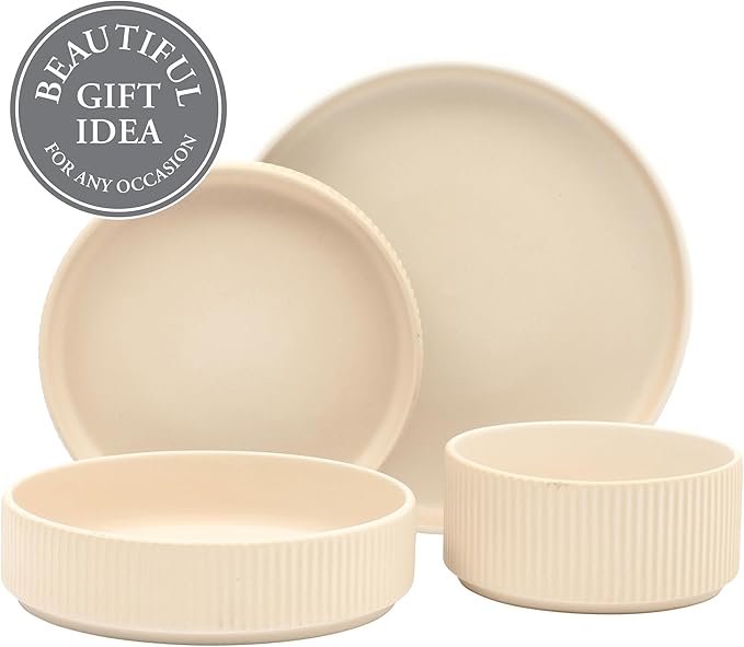 Gibson Elite Deerfield 16-Piece Stoneware Dinnerware Set – Cream White Reactive Glaze Plates and Bowls, Stackable Design, Service for 4 – Dishwasher & Microwave Safe