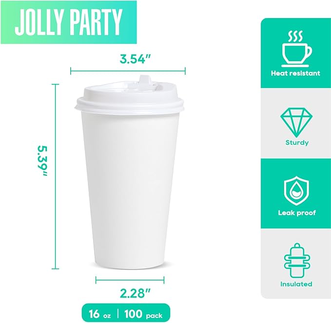 JOLLY PARTY [100 Pack] 16 oz Paper Coffee Cups, Disposable Paper Cup with Lids, Hot/Cold Beverage Drinking Cup for Water, Juice, Coffee or Tea, Suitable for Home, Shops and Cafes