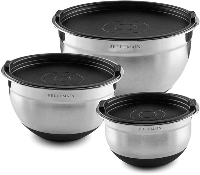 Bellemain Mixing Bowls with Lids Set - Stainless Steel Mixing Bowls with Airtight Lids - Food Storage Containers - 3PCS Set with Non-Slip Bottoms Kitchen Essentials for Baking - Serving
