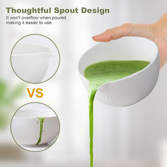 Matcha Whisk Set, Ceramic Matcha Set, Matcha Bowl with Spout, Matcha Whisk & Holder, Sifter and Bamboo Scoop, 5 Pcs Matcha Kit, Matcha Tea Ceremony Gifts for Matcha Lovers & Starter (White)