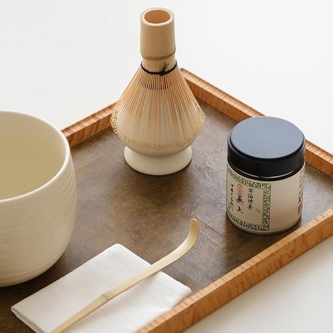 WENSHUO Matcha Whisk Set, Ceramic Matcha Bowl & Whisk Holder, Bamboo Accessory, Modern Design (Matte Crème, Traditional Bowl Design)