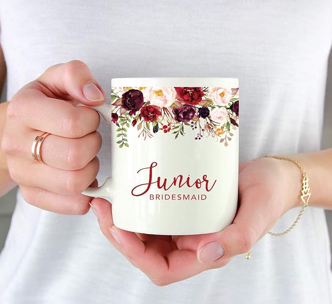 Andaz Press 11oz. Wedding Ceramic Coffee Tea Mug Gift, Fall Autumn Marsala Burgundy Flowers Roses Florals, Junior Bridesmaid, 1-Pack, Includes Gift Box
