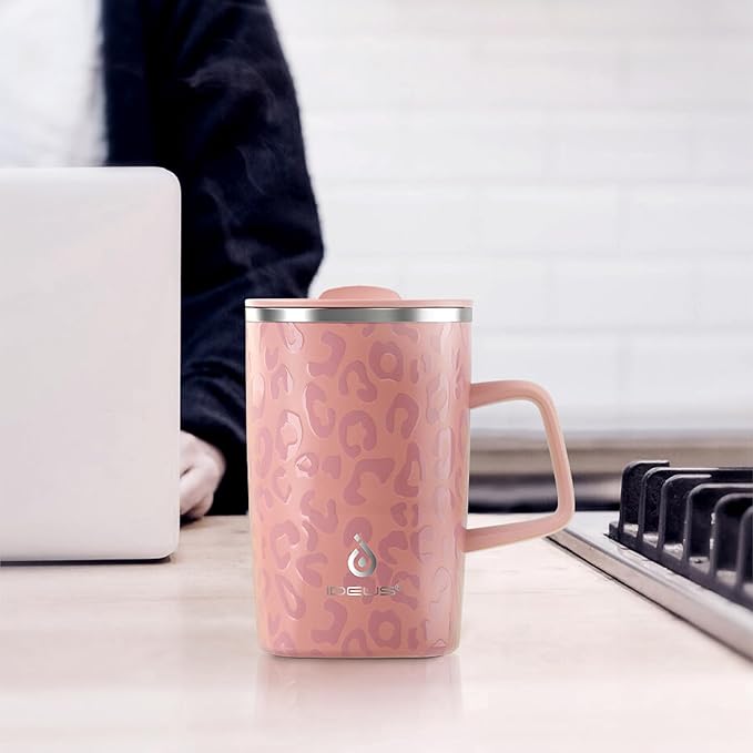 Ideus Vacuum Insulated Coffee Mug, 16oz Reusable Stainless Steel Thermal Double Walled cup with Handle and Slider Lid for Hot & Cold Beverages, BPA Free (Leapord Pink)