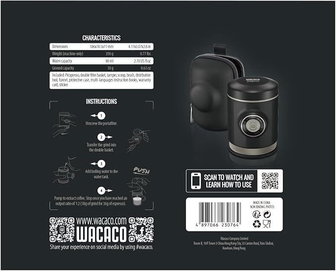 WACACO Picopresso Portable Espresso Maker Bundled with Protective Case, Pro-level Specialty Coffee Machine, Compatible Ultra-fine Grind, Manually Operated Travel Coffee Maker