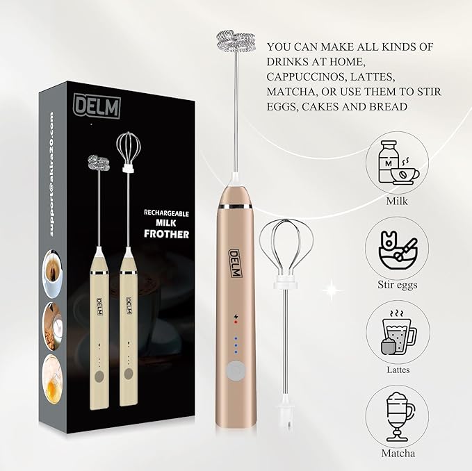 Delm Milk Frother Electric USB Stainless Steel Accessory - Frother Wand Foam Maker for Lattes - Milk Frother Handheld for Cappuccino, Frappe, Matcha, Hot Chocolate - Frother for Coffee (beige/gold)