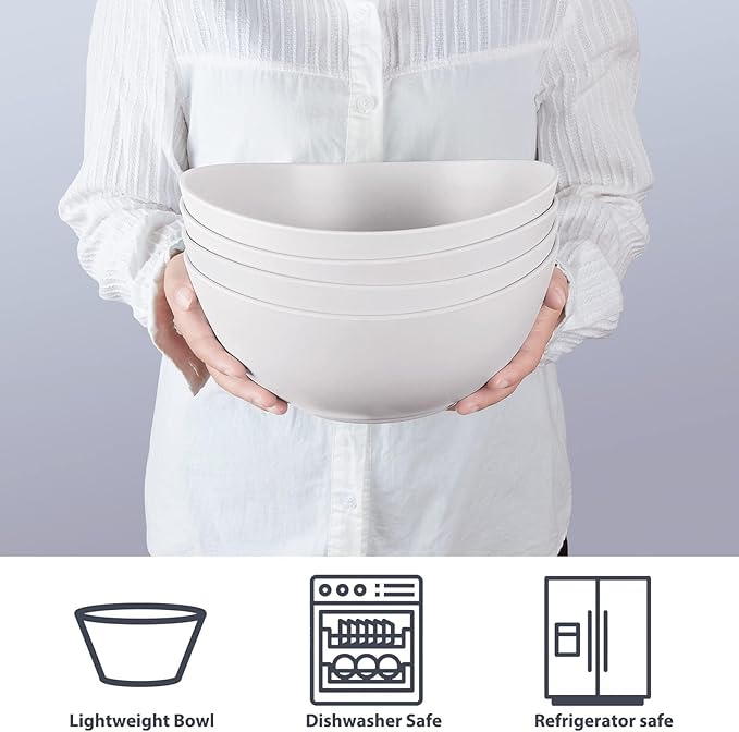 9.6'' Serving Bowls, 84oz Bamboo Fiber Salad Bowl Set of 4, Deep Serving Bowls Set, Large Oval Individual Bowls for Eating Salad/Pasta/Cereal/Pho, Ideal for Home & Restaurant (Matte White)