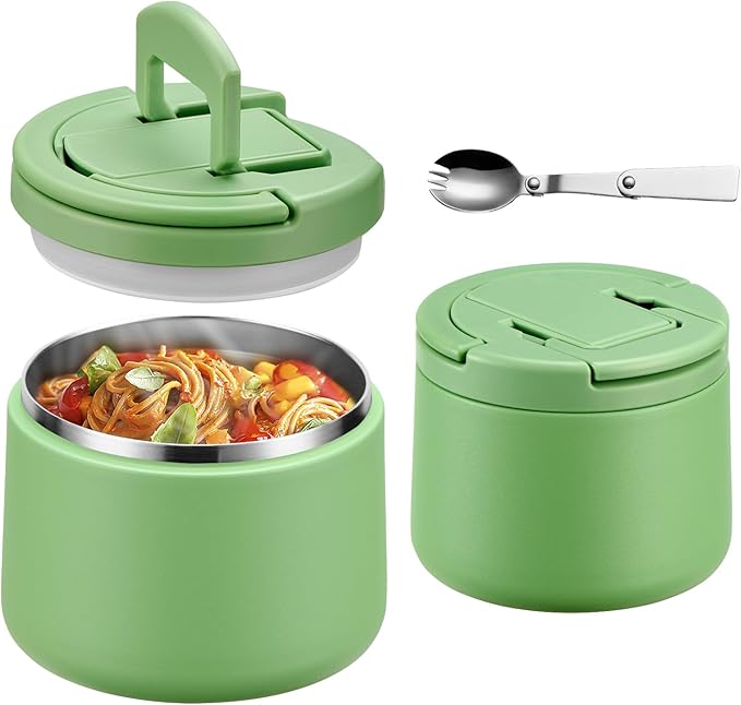 14oz Insulated Vacuum Food Jar with Buckle Lid,Soup Thermo for Hot Food Kids,Wide Mouth Leakproof Stainless Steel Lunch Container with Spoon-Green