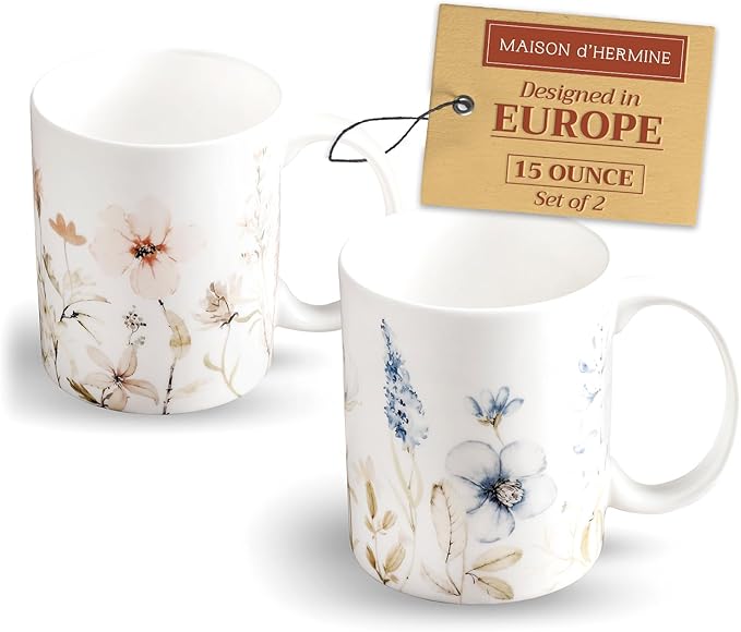 Maison d' Hermine Coffee Mug with Handles Fine Bone China Mugs Pack of Two Tea Cups for Hot Beverages Cappuccino Latte Home Restaurant Office Perfect for Gift (Ice Florals, 15 Ounce)