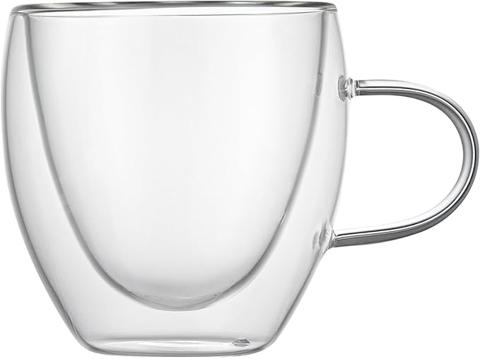 Restaurantware-Forma Professional 5.1 Ounce Glass Coffee Cups, 12 Insulated Coffee Cups With Handle - Dishwashable, Reusable, Clear Double Wall Beverage Tumblers, Freezable, For Hot Or Cold Beverages