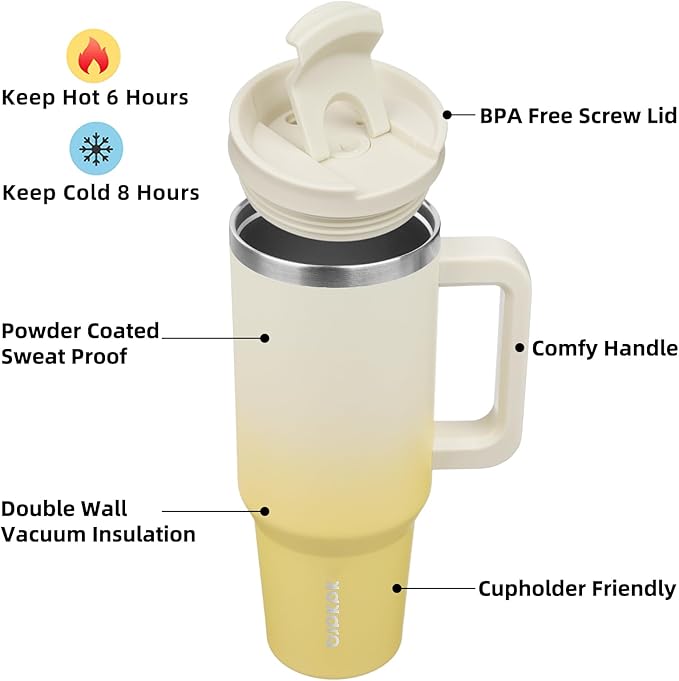BJPKPK 40 oz Tumbler With Handle Insulated Tumblers With Lid And Straw Stainless Steel Thermal Cup,Lemon