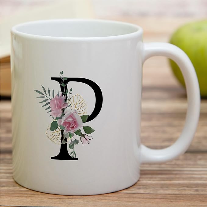 Retreez Initial A-Z Floral Botanical Bouquet Alphabet Monogrammed Monogram Mug 11 Oz Ceramic Tea Coffee Mugs - Appreciation Thank You Wedding Birthday Gifts for her friend coworker sister - P Initial