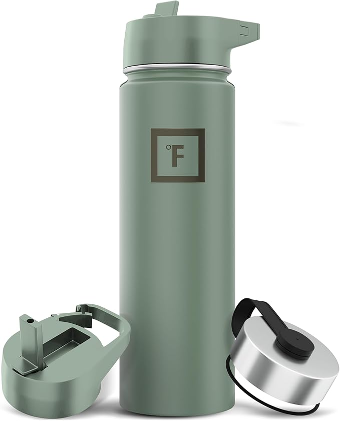 IRON °FLASK Camping & Hiking Hydration Flask with 3 Lids - Stainless Steel, Double Walled & Vacuum Insulated Water Bottle - Leak Proof & BPA Free (Sage, Straw - 22 oz)