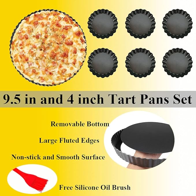 DATANYA 7Packs Tart Pan 9 Inch Removable Bottom with 4 Inch Mini Tart Pans Non-Stick Loose Bottom Quiche Pan Heavy Duty Carbon Steel Pie Tart Pans for Mousse Cakes, Dessert Baking