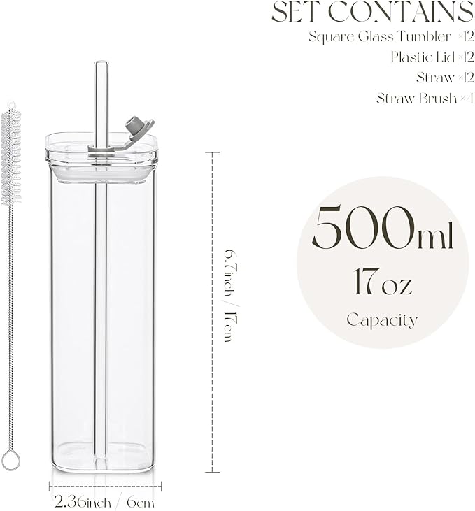 12 Sets Square Drinking Glass Cups with Lids & Straws, 17 Oz Clear Highball Glasses for Cocktail, Iced Coffee, Juice, Beer - Modern Glass Tumblers