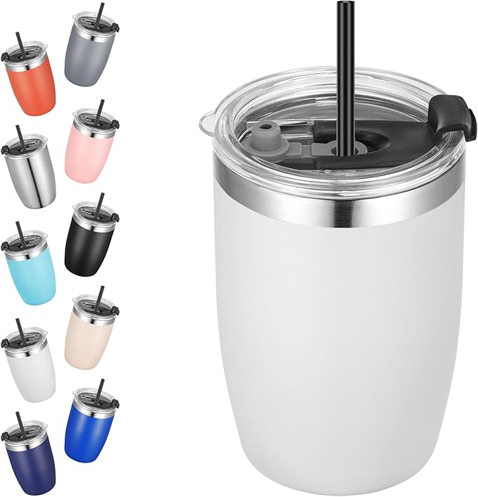 VEGOND Stainless Steel 12 oz Tumblers bulk Vacuum Insulated Double Wall Travel Tumbler with Lid and Straw Reusable Tumbler, White 1 Pack