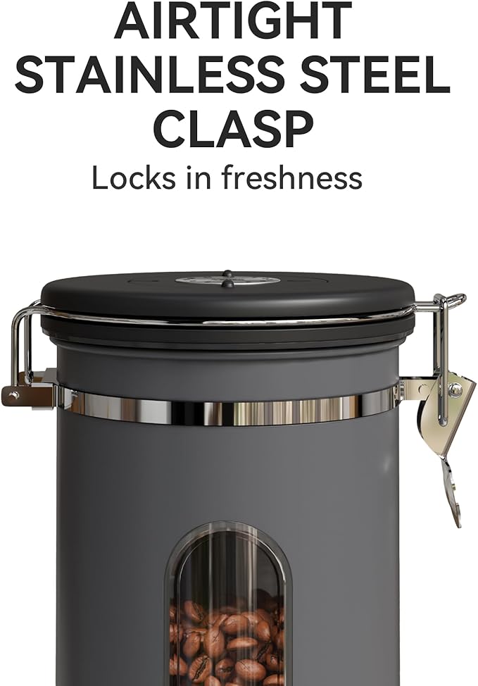 Veken Coffee Canister with Window,Airtight Stainless Steel Kitchen Food Storage Container, Date Tracker & Scoop for Grounds Coffee, Beans, Tea, Flour, Cereal,Sugar,22OZ,Grey