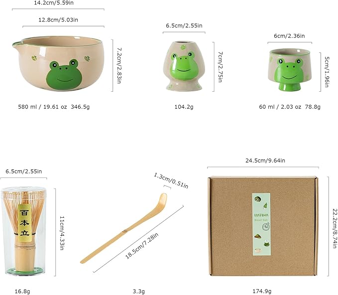 Frog Matcha Whisk Set, Cute Ceramic Matcha Kit with Hand-Painted Bowl with Spout, 2 Cups, Bamboo Whisk, Holder & Scoop, for Tea lovers and Gift Giving