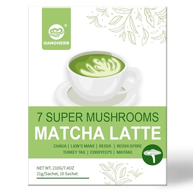 GANOHERB Mushroom Matcha Powder Latte Mix, 7.4 Ounce, 7 Superfood Mushrooms with 25% Beta-Glucans, Lions Mane, Reishi, Chaga, Coconut Powder, Ceremonial Grade Matcha Tea