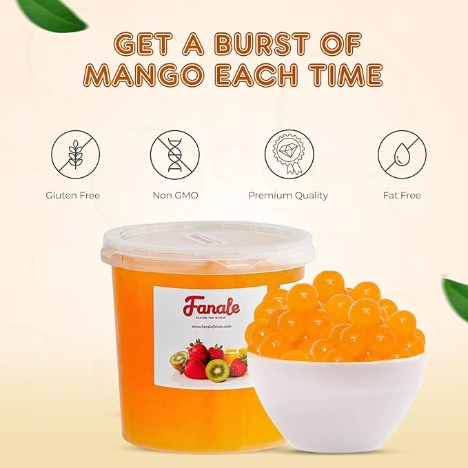Fanale Mango Popping Boba Pearls, Vegan, Non GMO, Gluten Free, Fat Free, Perfect for Bubble Tea, Smoothies, Ice Cream, Desserts, and Beverages.