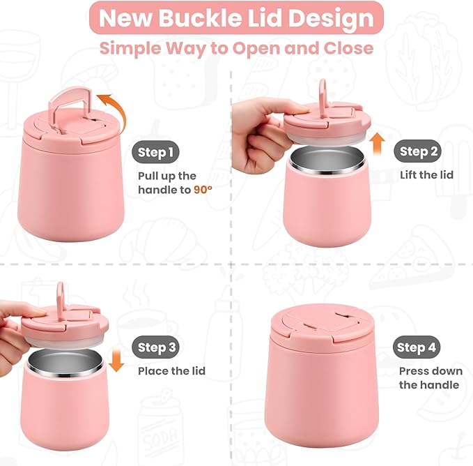 20oz Insulated Vacuum Food Jar with Buckle Lid,Soup Thermo for Hot Food Kids,Wide Mouth Leakproof Stainless Steel Lunch Container with Spoon-Pink