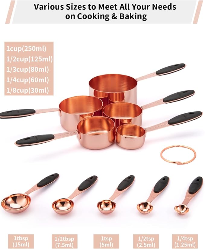 Joyhill Copper Measuring Cups and Spoons Set of 10 Piece, Stainless Steel Nesting Measuring Cup Set with Soft Touch Silicone Handles for Dry and Liquid Ingredients