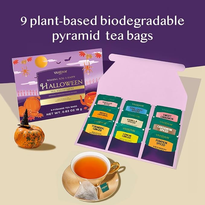 VAHDAM, Limited Edition Halloween Tea Gift Basket | 9 Premium Variety Pyramid Tea Bags | Halloween Gifts for Women, Men and Adults I Tea Gift Set