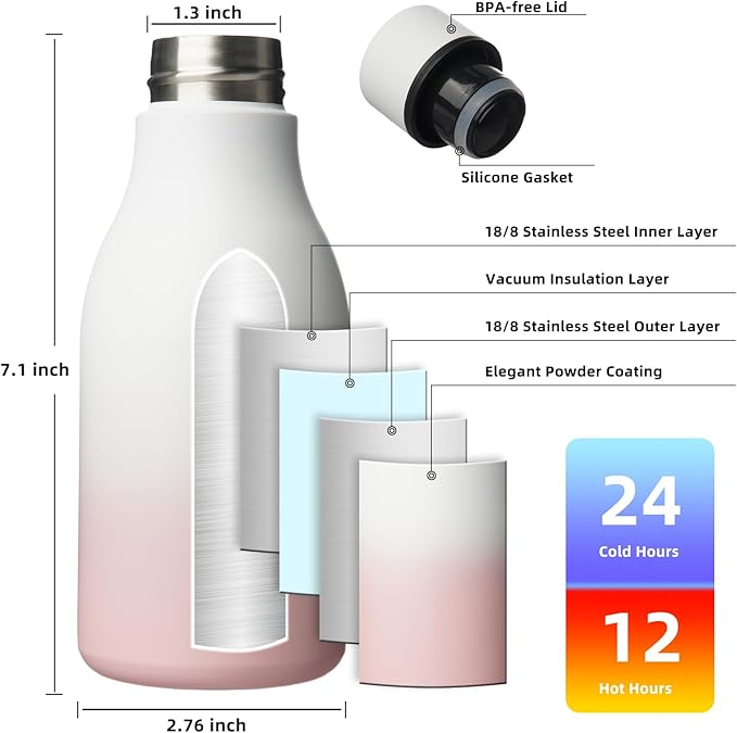BJPKPK Insulated Water Bottles, 12oz Stainless Steel Metal Water Bottle with Strap, BPA Free Leak Proof Thermos, Mugs, Flasks, Reusable Water Bottle for Sports & Travel, Graceful Pink