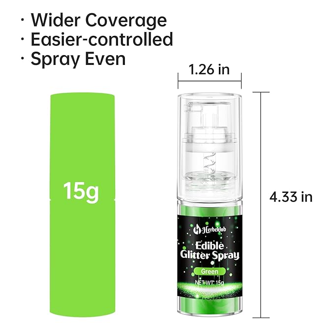 Green Edible Glitter Spray - 15g Edible Green Glitter for Cakes Food Grade Metallic Shimmer Powder Cake Spray for Cookie Decorating Chocolate Strawberry