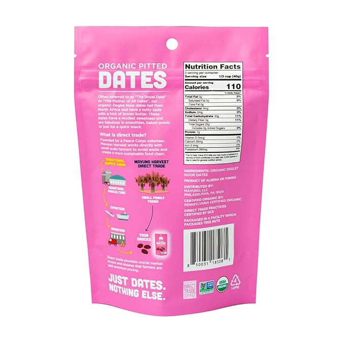 Mavuno Harvest Pitted Dates Dried Fruit Snacks | Organic Dried Dates | Healthy Snacks for Kids and Adults| Deglet Noor Dates | No Sugar Added, Vegan, Non GMO | Resealable 4 Ounce Bags, Pack of 6