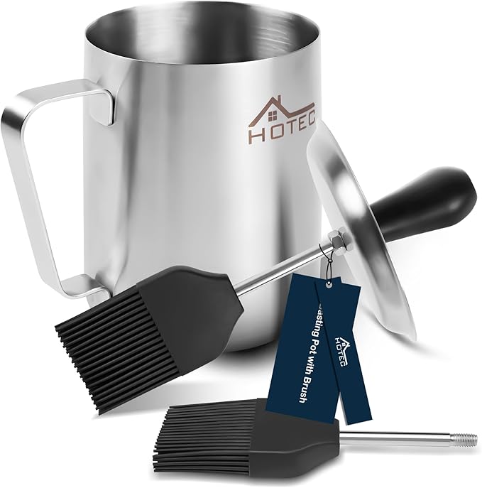 HOTEC Stainless Steel 304 Basting Pot with Brush, Silicone Grill Barbeque Basting Brushes for Sauce Oil, 36oz